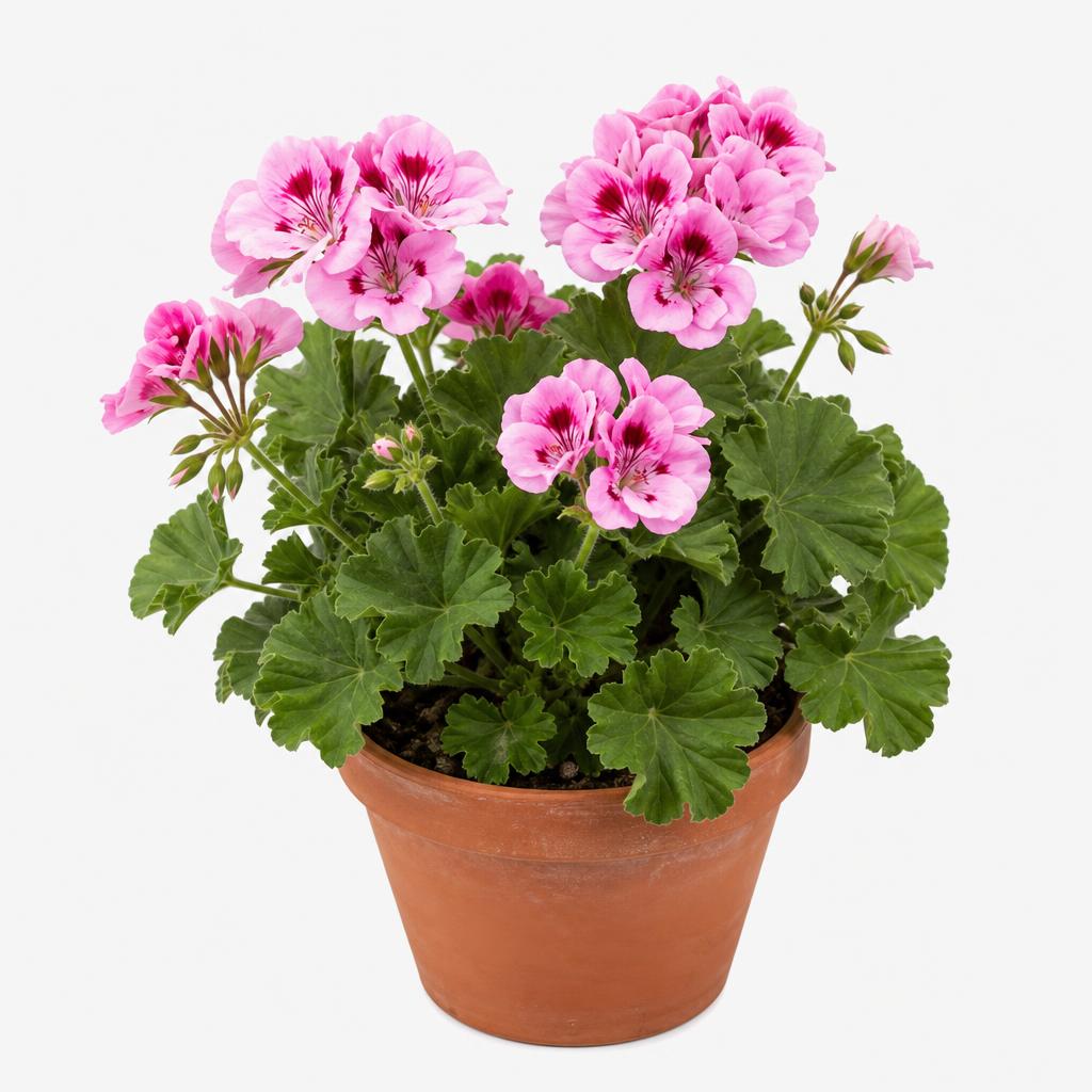 Geranio exótico en maceta de terracota con flores rosas