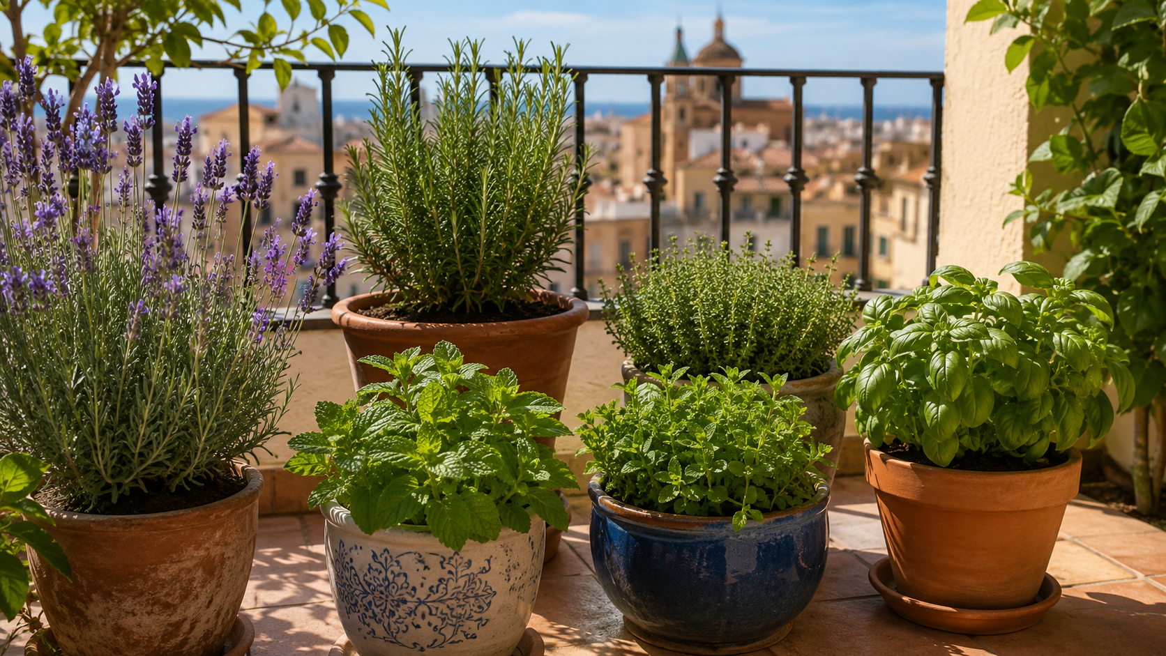 Plantas aromáticas en macetas sobre una terraza mediterránea